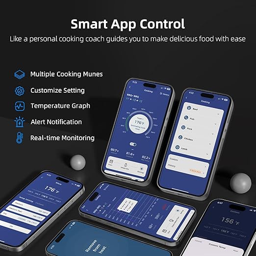 Aurasky Wireless Meat Thermometer with Unique Stone Texture, Smart Bluetooth APP Control, 500 Ft Remote Range, Dual Alarm, Waterproof Cooking Meat Thermometer for Grilling, Smoking, Family BBQ, Oven