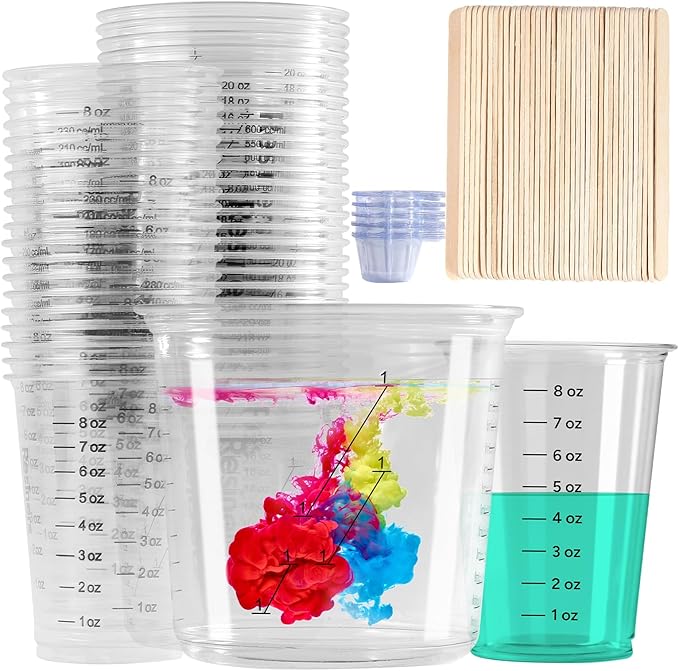 Epoxy Measuring Cups, Resiners 50pcs Resin Mixing Cups for Epoxy Resin, Paint, Crafts Use, with 30 x 24oz & 20 x 8oz Dual Sizes, 50 Mixing Cups, 50 Wooden Sticks, Clear Plastic