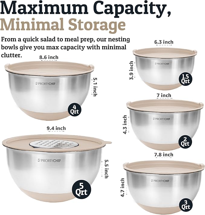 Priority Chef Stainless Steel Mixing Bowls with Lids Set, Metal Nesting Bowls with Airtight Lids, Graters, Non-Slip Base & Measurement Marks, Includes Utensil Set for Prep, Baking & Storage, Khaki