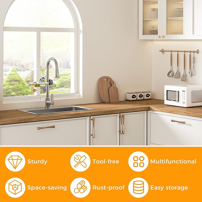 LONIN Sponge Holder Over Faucet Kitchen Sink Caddy Organizer, Stainless Steel Detachable Hanging Faucet Drain Rack for Bathroom, Scrubbers, Soap