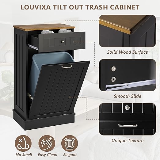 Tilt Out Trash Bin Cabinet Dog Proof Trash Can Holder Kitchen Island Without Garbage Bin or Tilt Out Laundry Hamper (Black)