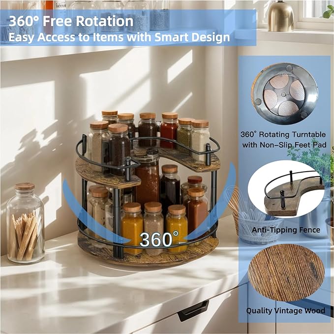 2-Tier Wooden Lazy Susan Turntable Organizer for Cabinet, Table Top, Kitchen, Pantry, Bathroom, Vanity Countertop, Rotating Wood Lazy Susans Rack for Spice, Seasoning Storage Organization(Round)