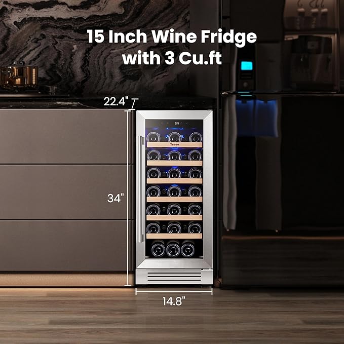 Yeego Wine Fridge – 15 Inch 33 Bottle Wine Cooler Refrigerator with Glass Door, 40-65℉ Touch Control, Built-In or Freestanding, Ideal for Home Bar & Kitchen