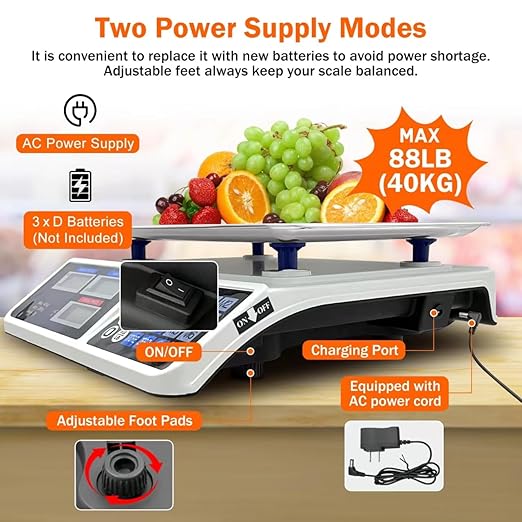 88lb/40kg Price Computing Scale, Digital Price Computing Scale with Stainless Steel Large Platform, Weight Food Kitchen Scale with Dual LCD Display for Farmers Market, Retail Outlets, Meat Shop, Deli