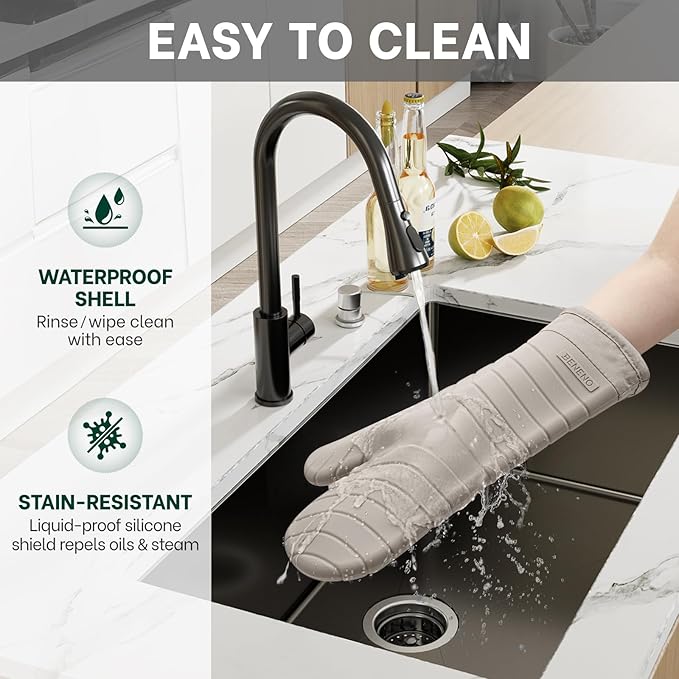 Beneno Premium Silicone Oven Mitts 2-Pack Heat Resistant 500°F, Soft Flexible Non-Slip Grips, BPA-Free & Waterproof Oven Mitts with Comfort Cotton Lining for Baking, Grilling, Cooking, 7"x13", Beige