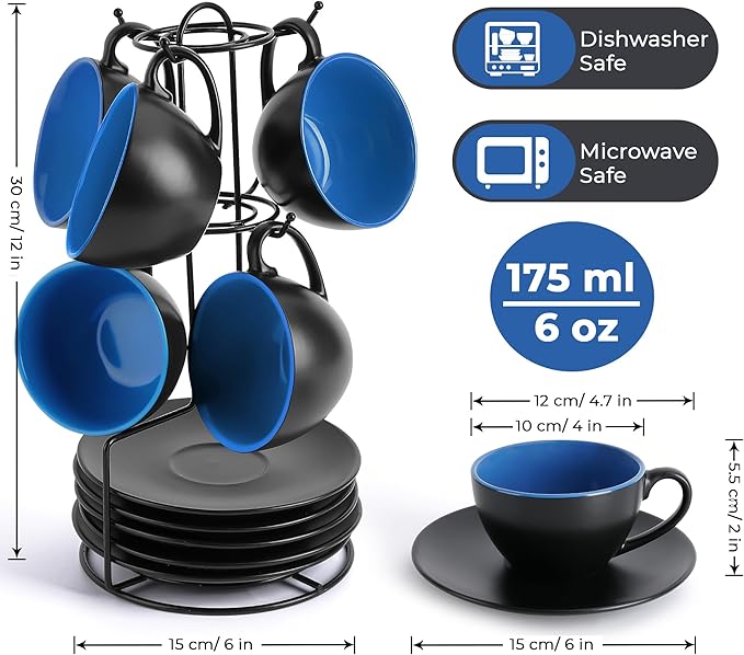 MIAMIO - Set of 6, Ceramic Stackable Cappuccino Cups Set / 6 Ounce Cappuccino Mugs and Saucer with Metal Stand for Coffee Drinks, Cafe, Latte, Americano and Tea - Le Papillon Collection (Blue)