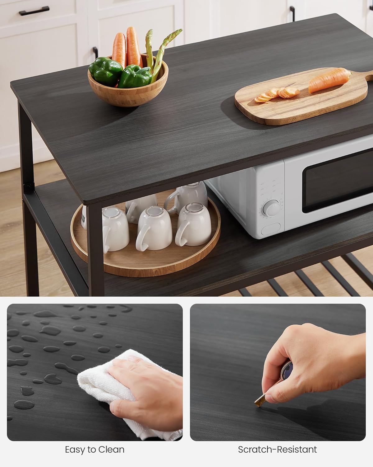 VASAGLE Kitchen Island with 3 Shelves, 39.4 Inches Width Kitchen Shelf with Large Worktop, Stable Steel Structure, Industrial, Easy to Assemble, Ebonised Oak and Black UKKI005B42