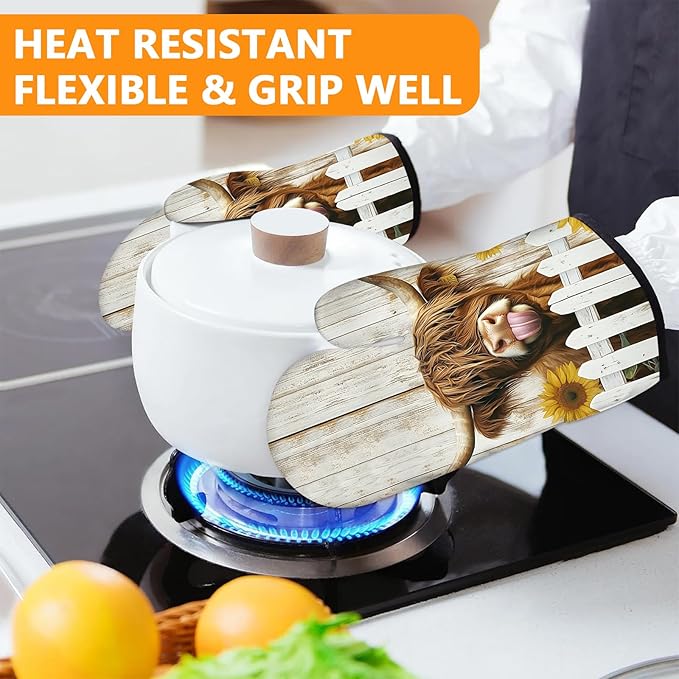 Sunflower Highland Cow Oven Mitts and Pot Holders Sets 4Pcs,Extra Long Oven Gloves Potholder for Kitchen Cooking Baking BBQ 100% Cotton Heat Resistant