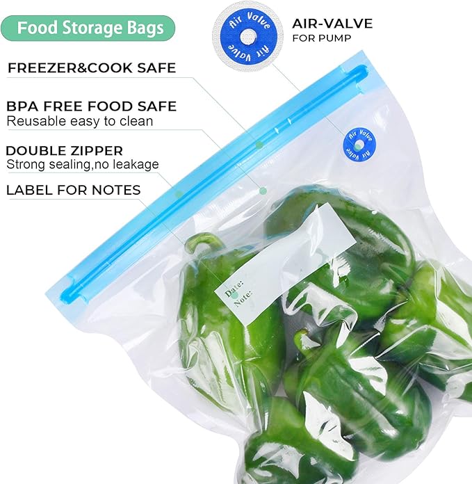Sous Vide Bags 25Pcs, Reusable BPA Free Vacuum Sealer Bags Vacuum Food Storage Bag for Cooking/Food Storage/Microwave Heating - 3 Size 18Pcs Vacuum Zipper Bag & 5 Air Valves & 2 Seal Clips