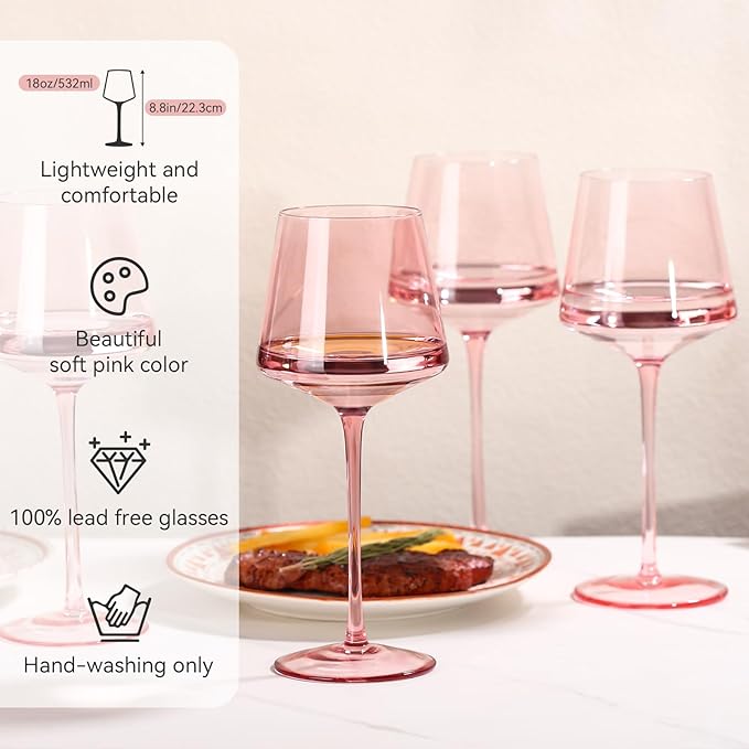 Hot Pink Wine glasses set-Magenta&Blush Pink Colored Wine Glasses Set of 6 Gifts for Women Hand-Blown Colored Morden Crystal Glassware for Lady Bachelorette,Party,Celebration,Birthday