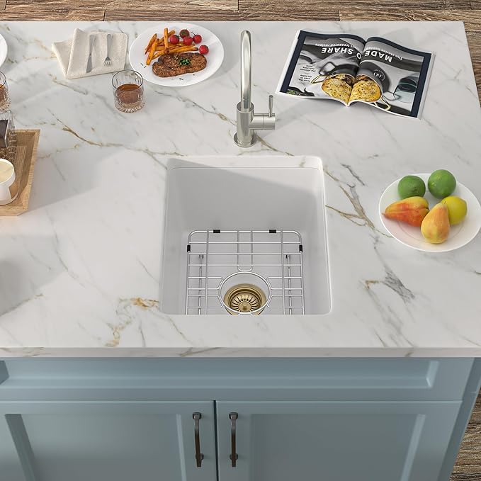 15"x18" Undermount Bar Prep Sink – White Granite Composite Quartz Classic Under Counter Single Bowl Sink Basin for Wet Bar, RV, Small Kitchen, Mobile Home