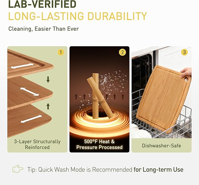 Lightweight Durable Bamboo Cutting Board Set with Non-Slip Feet, Wooden Cutting Boards for Busy Kitchen, Easy Storage & Clean Wooden Chopping Boards with Juice Groove Set of 2 (M+L)