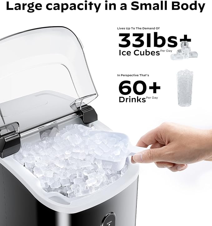 Nugget Ice Maker Countertop, Silonn Chewable Pellet Ice Machine with Self-Cleanin Function, 33lbs/24H Portable Ice Makers for Home Kitchen Officce, Black