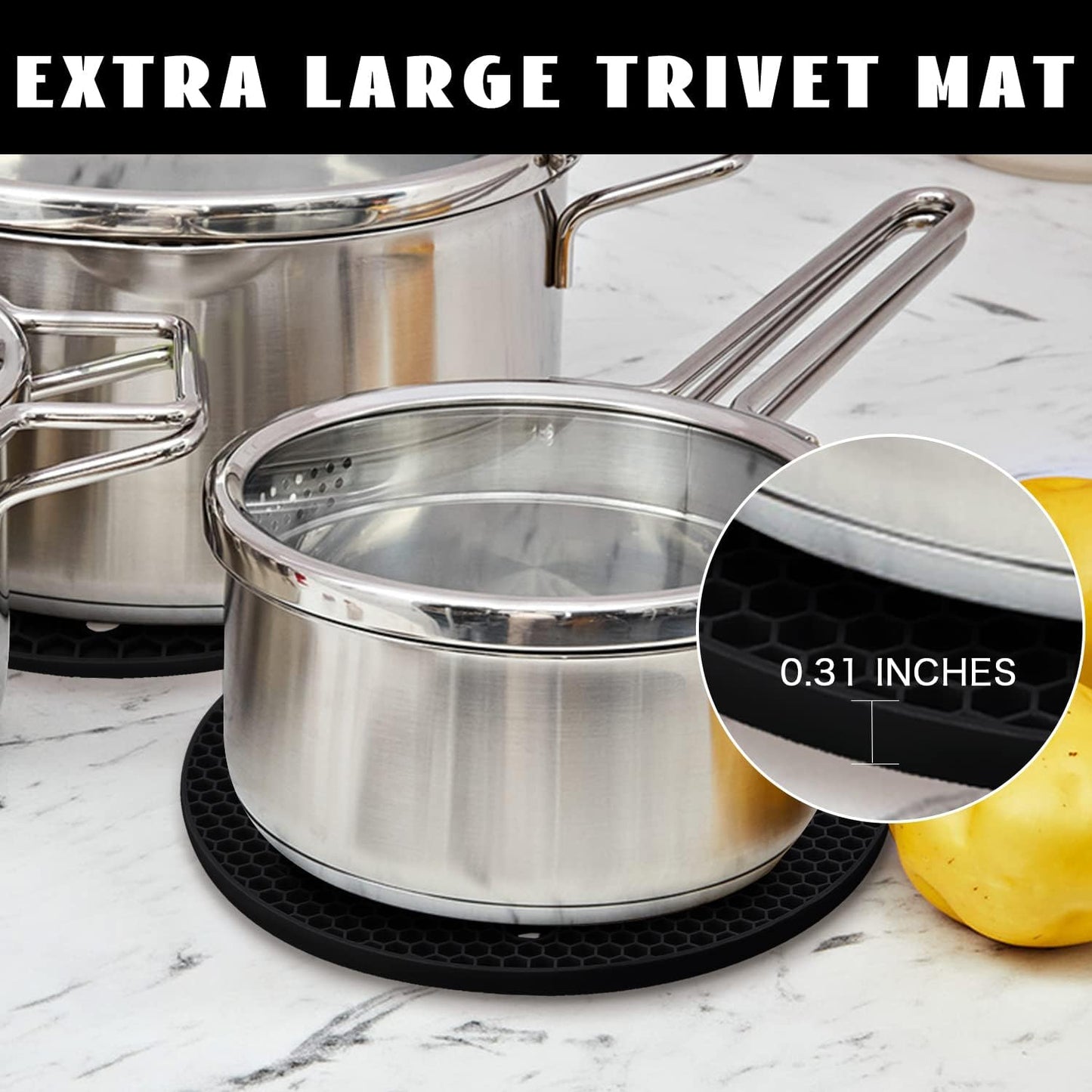 4 Pack Silicone Trivet Mats, 7 Inch & 9 Inch Flexible Heat Resistant Silicone Hot Pads Pot Holders for Kitchen Counter, Round Trivets for Hot Dishes - Potholders Jar Opener(Black)