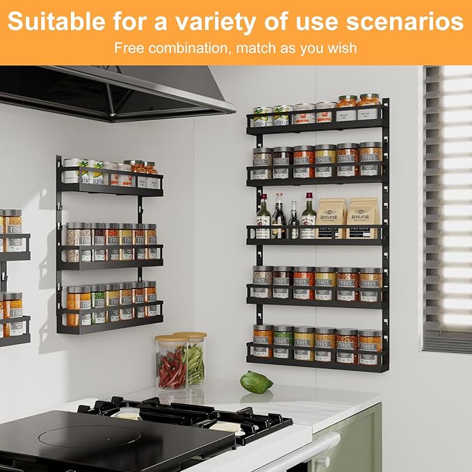X-cosrack 5-Tier Small Wall-Mounted Spice Rack Organizer, Height-Adjustable, Space-Saving Compact Design for Kitchen Pantry Cabinet, Black