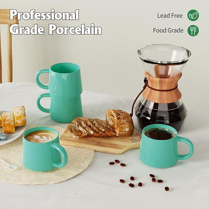 12 oz Coffee Mugs Set of 4, Modern Stackable Coffee Cups Set for Latte, Hot Tea, Cappuccino, Ceramic Coffee Mug Tea Cup, Dishwasher & Microwave Safe, Housewarming Wedding Present (Turquoise)