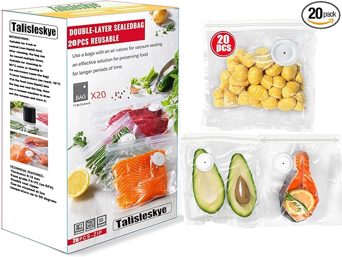 Vacuum sealer bags for food,reusable double zipper vacuum bag with air valve,suitable for sous vide cooking and microwave heating,dishwasher and freezer safe (13.4 * 11.8inch) 20pcs.