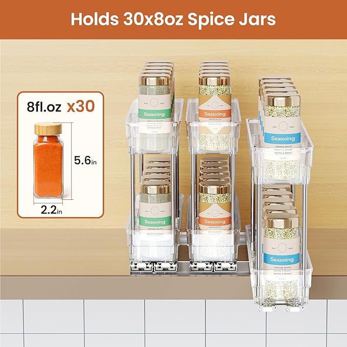 Pull Out Spice Rack Organizer for Cabinet, Slide Out Spice Racks Organizer, Easy to Install Spice Cabinet Organizers, 2.3''Wx10.35''Dx8.26''H, 3 Pack-2 Tier(Clear)