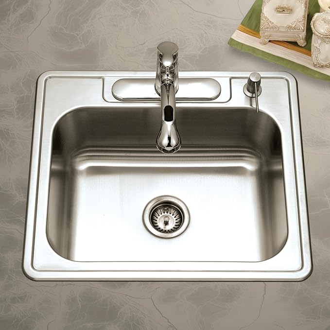 Houzer Glowtone Stainless Steel Kitchen Sink - 25 Inch Drop-In Topmount 3-Hole Single Bowl Sink, Durable & Versatile, Essential for Home & Apartment, Nested 36-Pack - 2522-8BS3-36