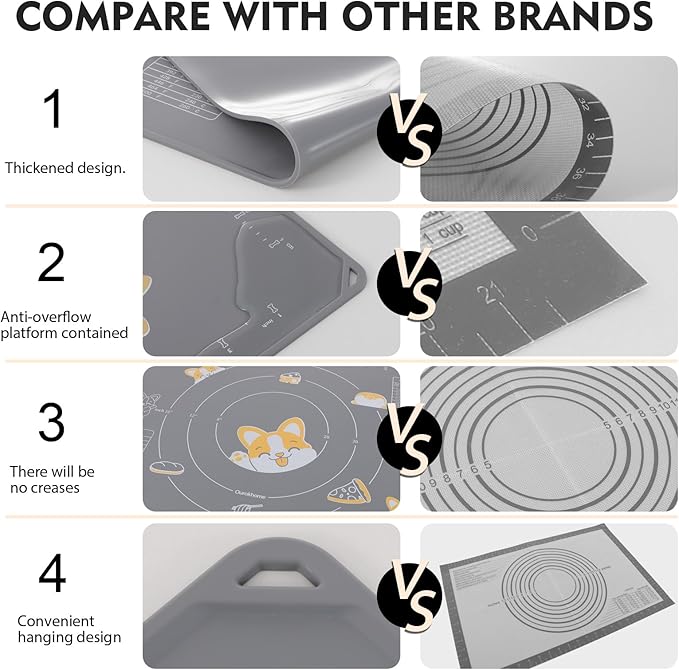 Ourokhome Silicone Baking Mat Sheet and Pastry Dough Cutter, 0.5 Inch Thick 20'' X 16" BPA free Silicone Rolling Mat, Non-Stick and Anti-Slip, Dishwasher Safe (Gray)