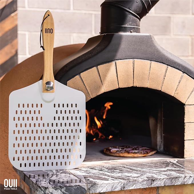 Perforated Pizza Peel 12 x 14 Inch. - Aluminum Metal Spatula Paddle for Grill with Foldable Handle. Pizza Oven Accessories and Tools. Turning Peel, Bread, Pastry, Dough, Cake.