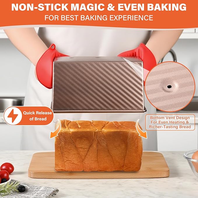 Pullman Loaf Pan with Lid, 2 Pack 1 lb Dough Capacity for Homemade Bread, Non-stick Corrugated Carbon Steel Bread Toast Box with Cover for Bakeware, Sandwich & Toast Oven Baking, Gold