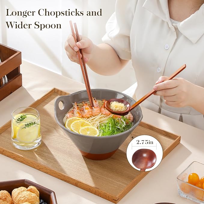 MALACASA 42 oz Ceramic Ramen Bowl Set with Wooden Spoon & Chopsticks, Japanese Style Soup Bowls for Ramen, Pho, Noodles – Set of 2, Microwave & Dishwasher Safe, Series TARA (Brown and Khaki)