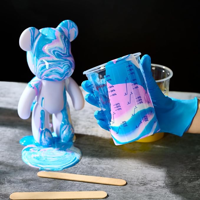 100 Pack Plastic Mixing Cups, 20 oz (600ml), Disposable Measuring Cups with 50 Wooden Mixing Sticks, Measurement ratios: 2:1, 3:1, 4:1, Suitable for Epoxy Resin, Liquid Measuring, and Paint