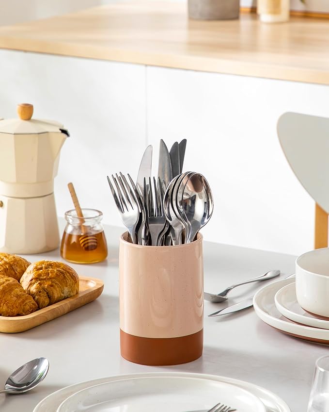 MALACASA Utensil Holder, 5.5" Ceramic Kitchen Utensil Holder for Countertop, Cooking Utensil Crock for Kitchen Counter, Farmhouse Utensil Organizer for Spatula & Spoon, Khaki Pink, Series TARA