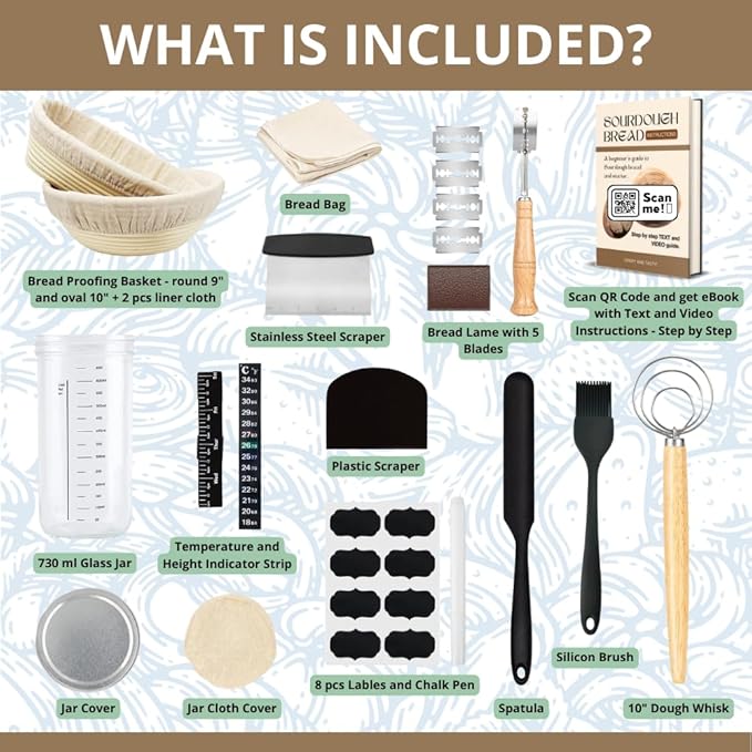 9" Round and 10" Oval Banneton Baskets with Scrapers, Bread Lame, E-Book with Recipes, Glass Jar with Strips, Labels & Chalk Pen, Spatula, Silicone Brush, Dough Whisk, Bread Bag & Heated Proofing Box