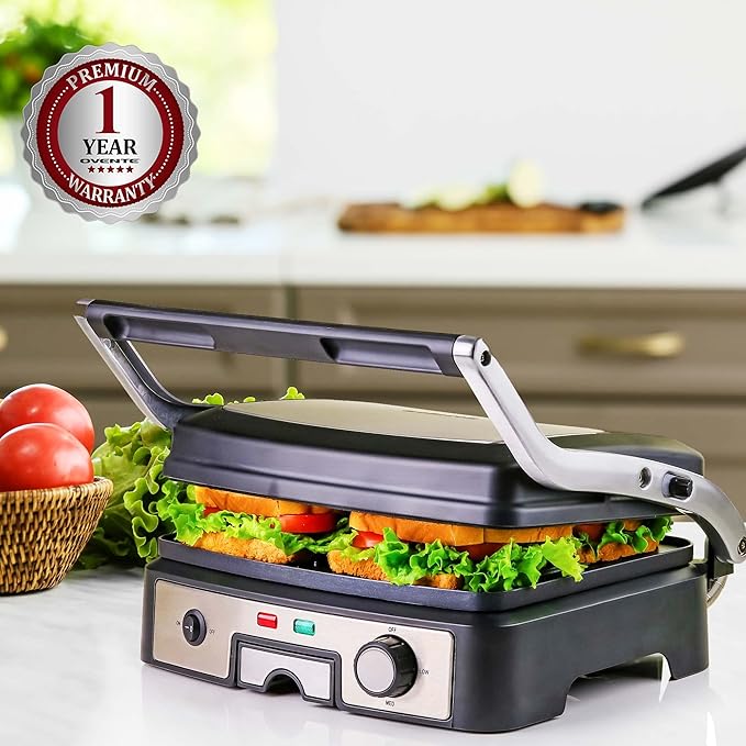 OVENTE Electric Panini Press Sandwich Maker, 1500W Indoor Grill with Non-Stick Coated Plates, Temperature Control & Removable Drip Tray, Opens 180 Degrees to Fit Any Type/Size of Food, Silver GP1861BR