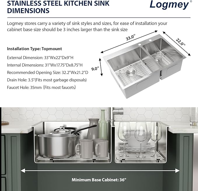 Logmey 33 Inch Double Bowl Drop-In Kitchen Sink 33x22x9 Inch 60/40 Nano Coating Stainless Steel 16 Gauge Handmade Topmount Kitchen Sink