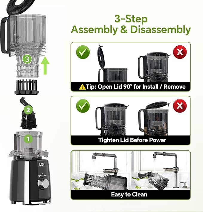 Cold Press Juicer Machines, 5.3" Large Feed Chute Slow Masticating Juicer, 99% Juice Yield, Ultra Quiet, Easy Clean, BPA Free – Ideal Self-Feeding Juicer for Whole Fruits & Vegetables (Black)