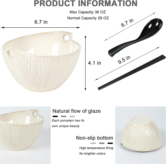 Ceramic Ramen Bowl with Chopsticks,6.7 Inch Noodle Bowls,Pho Bowls and Spoons Set,Japanese Bowl for Pho,Udon,Soba,Noodle,Microwave Safe,Set of 2 (Retro White)