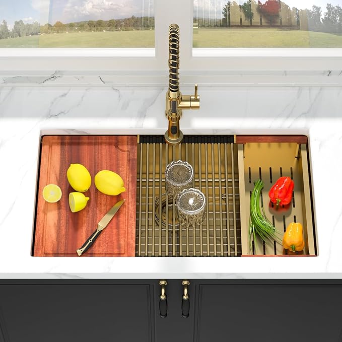 Mocoloo 33 Gold Kitchen Sink - 33 x 19 Inch Undermount Kitchen Sinks Ledge Workstation Gold Sink Single Bowl 16 Gauge Stainless Steel Under Counter Modern Sinks