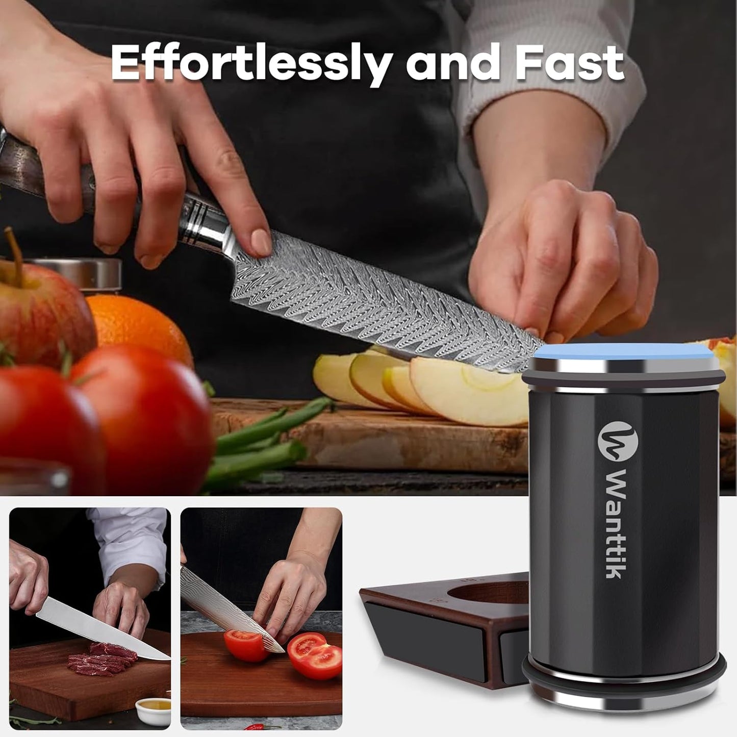 Rolling Knife Sharpener Kit, Upgraded Roller Knife Sharpener with Leather Strop for Kitchen Knives, 4-Disc Rolling Stone Sharpener with 15&18&20&22 Degree Sharpening, Black