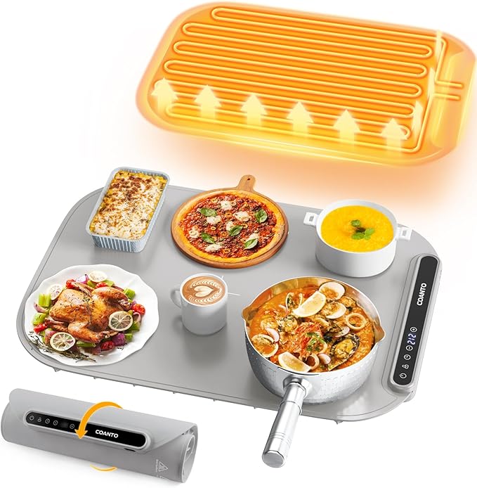 Coanto Food Warming Mat, Electric Warming Tray for Buffets & Parties, Silicone Heating Mat with 7 Temperature Settings, Roll-Up Storage, 17.91"x12.8", Light Grey