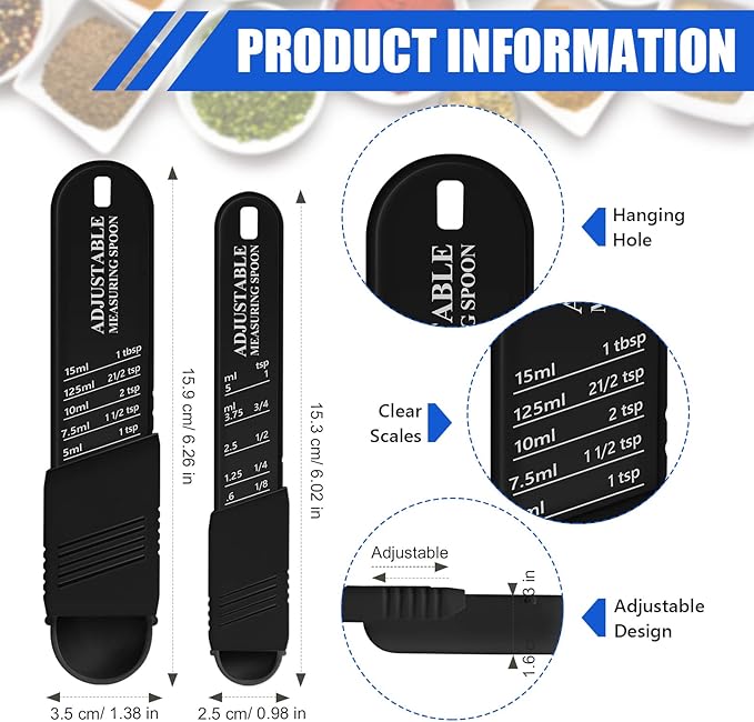 6 Pcs Adjustable Measuring Spoon Plastic Tablespoon and Teaspoon Set Baking Cooking Spoon Set for Chef Measuring Metering Kitchen Dry Liquid Ingredients Powder, 2 Sizes(Black)