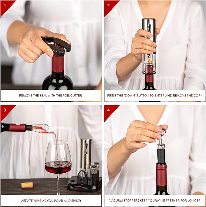Premium Electric Wine Bottle Opener with Charging Base, Quality Italian Design, Electric Wine Opener Set, Corkscrew Opener, Display Charging Station, an Unique Gift for Wine Lovers