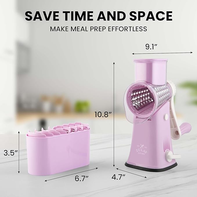 Zulay Kitchen Rotary Cheese Grater 5 Blade Cheese Shredder - Manual Hand Crank Cheese Grater With Reinforced Suction & 5 Interchangeable Drums - Easy to Use, Vegetable Chopper Round Mandoline Slicer