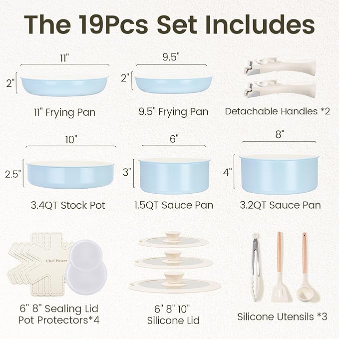 Chef Power Ceramic Nonstick Pots and Pans Set 19 Piece with Detachable Handle, Induction Dishwasher Oven Safe Cookware Set, RV Kitchen Set Removable Handle (Light Blue)