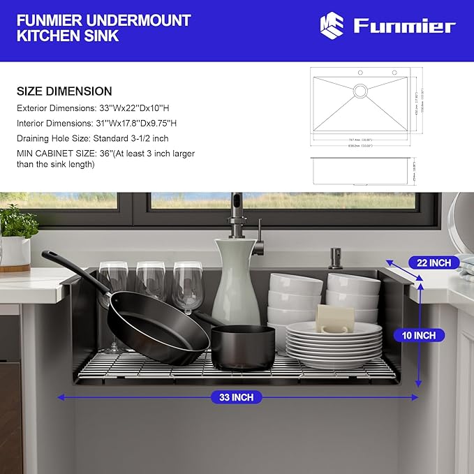 33 x 22 Drop In Kitchen Sink - Funmier 33 Inch Gunmetal Black Stainless Steel Topmount Kitchen Sink Single Bowl 16 Gauge Handmade 10" Deep Basin