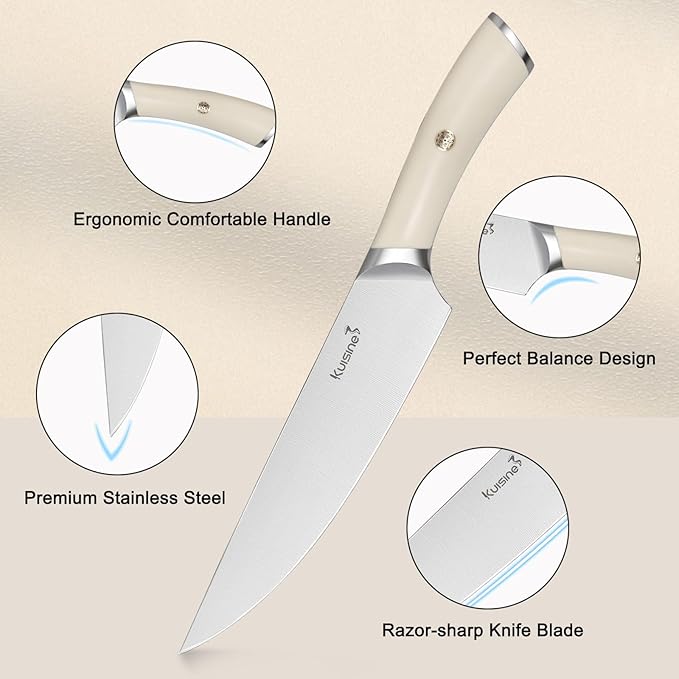 Kuisine Chef Knife Set,High Carbon Stainless Steel Block Knife Set,Knife Block Set with Built-in Sharpener,Sharp Knife Set Forged,Elegant Gift(Ivory,15pcs）