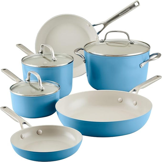 KitchenAid Hard Anodized Ceramic 9-Piece Nonstick Cookware Set – Includes Fry Pans, Saucepan, Stockpot, Durable, Even Heating, Oven Safe to 500°F, Blue Velvet