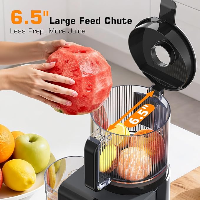 Cold Press Juicer Machines with 6.5" Large Feed Chute, Juicer for Whole Vegetables & Fruits, High Juice Yield (Black)