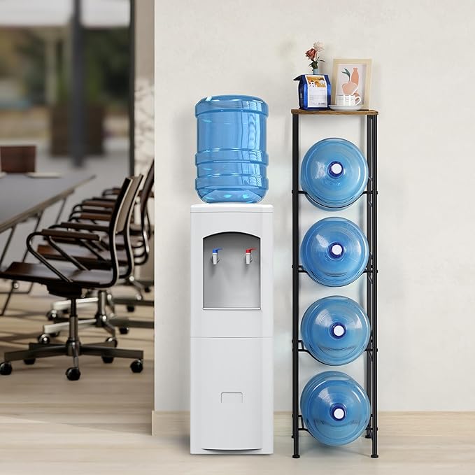 Vrisa 5 Gallon Water Jug Holder 4-Tier Water Bottle Holder Water Jug Stand with Storage Shelf Water 3/5 Gallon Rack Organizer for Home Office, Rustic Brown