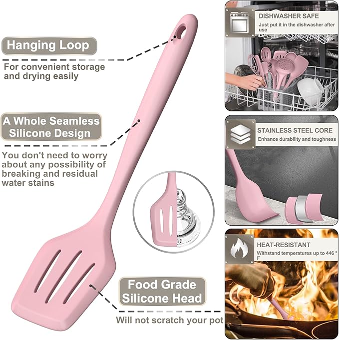 Silicone Cooking Kitchen Utensil Set, AIKKIL 43 Pcs Pink Cooking Utensils Set, Turner, Tongs, Spoon, Spatula, Kitchen Gadgets Tools Set For Nonstick Cookware, Heat Resistant (Dishwasher, BPA Free)