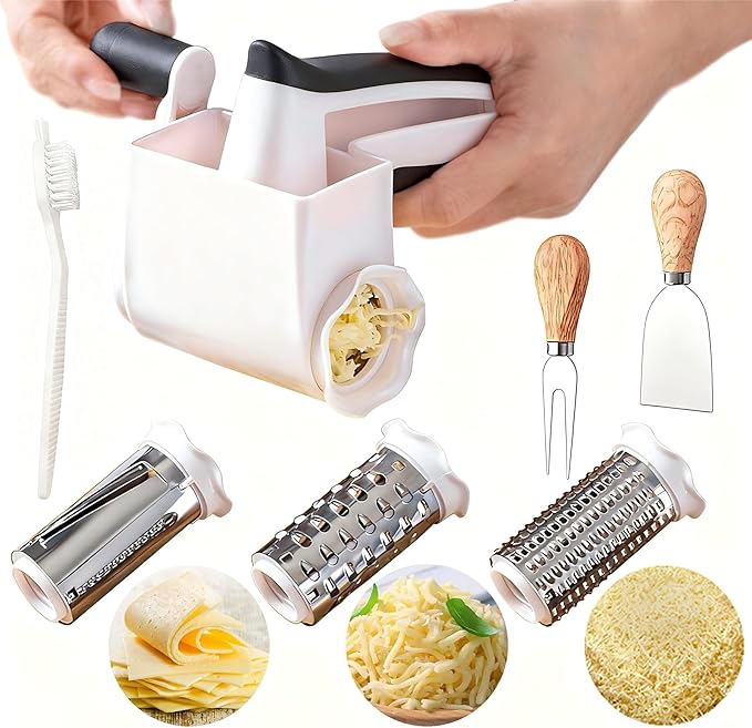 Cheese grater with handle, rotary cheese grater with 3 stainless steel Drums and 2 cheese tools and cleaning brush, ergonomically designed, can be used to grate Parmesan cheese, chocolate, nuts, etc