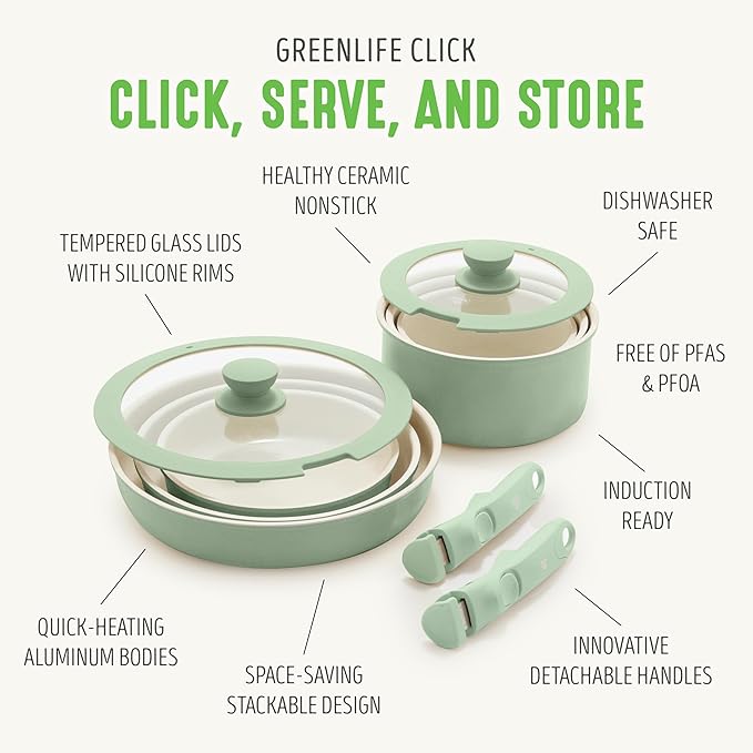 GreenLife 10 Piece Nonstick Pots & Pans Set, Detachable Handle & Stackable Cookware Set, Non Toxic PFAS-Free Skillets, Induction Kitchen Pans, Space Saving, Serving Bowls, Oven Safe, Sage Green