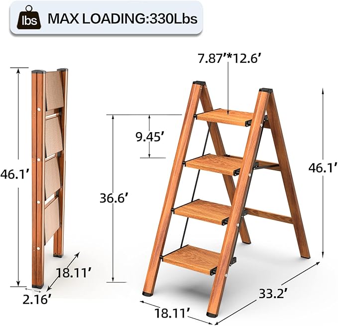 GameGem 4 Step Ladder, Aluminum Folding Step Stool with Anti-Slip Sturdy and Wide Pedal, Lightweight Portable Stepladder for Home and Kitchen Use, Woodgrain, 330 lbs